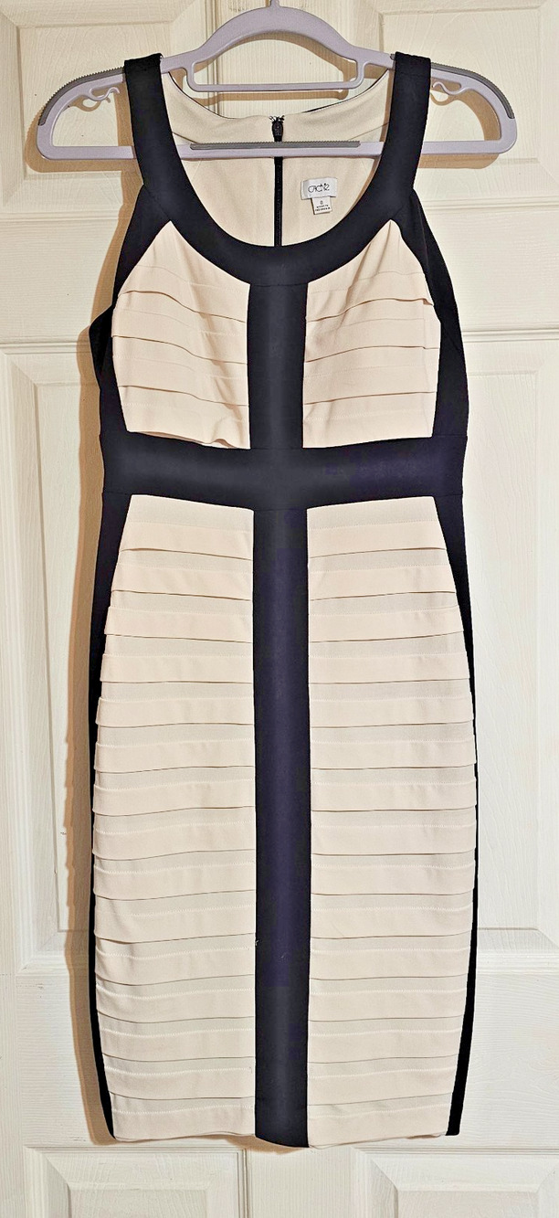 Cache Colorblock Sheath Dress Womens 6 Black Ivory Sleeveless Stretch